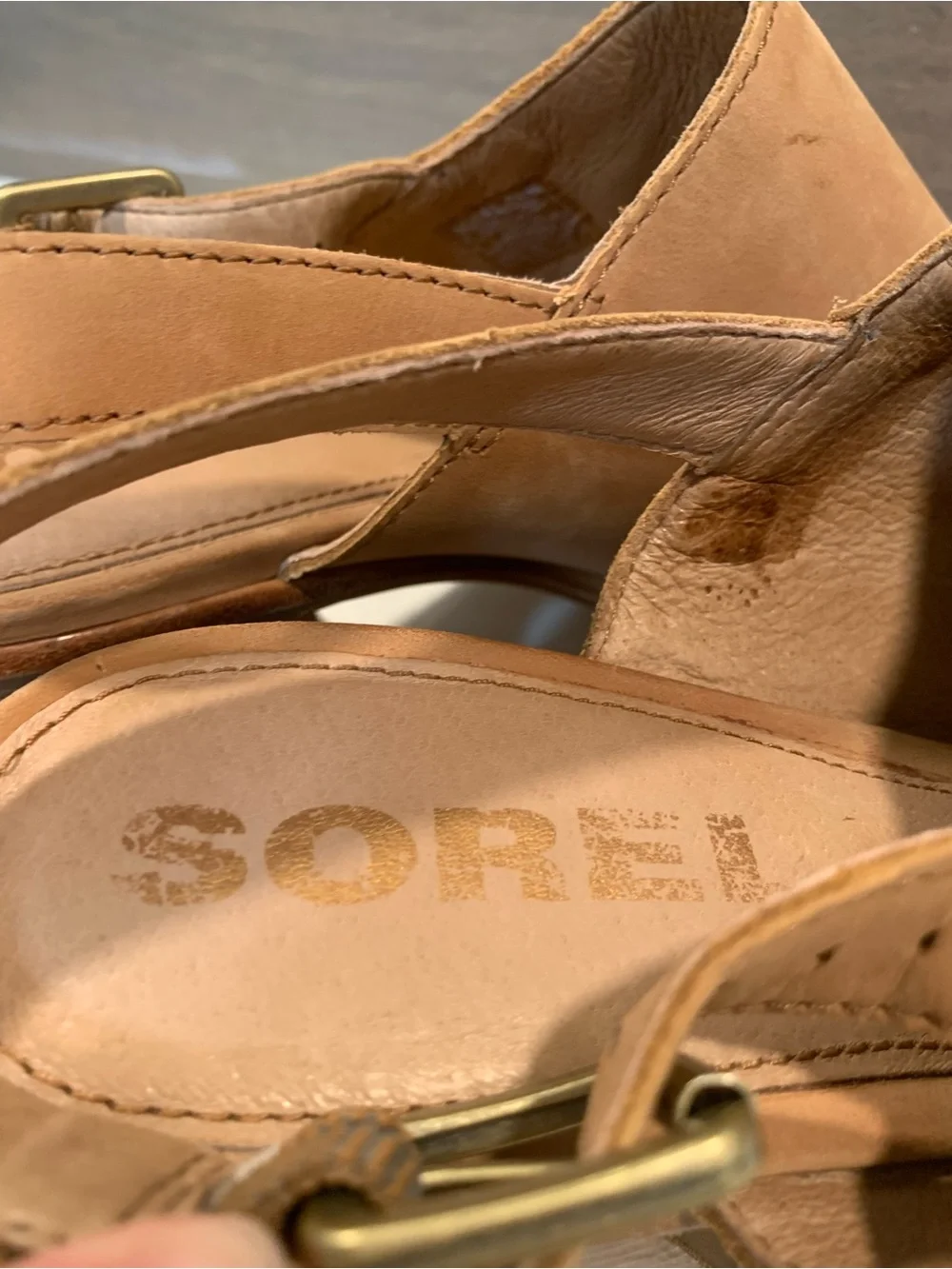 Sorel Tan Leather Open-Toe Slingback Block Heel Sandals